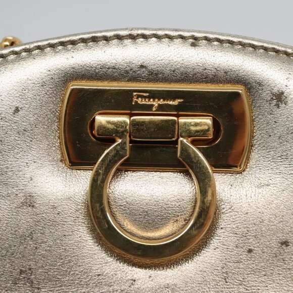 Salvatore Ferragamo Gancini Chain Shoulder Bag Leather Silver Gold Auth BD416 - Picture 9 of 14